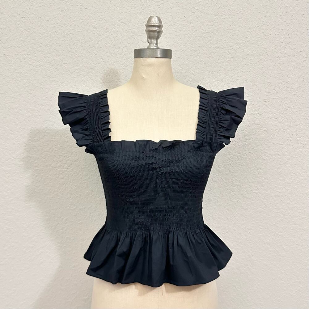 HILL HOUSE HOME The Paz Top Black Smocked Ruffled Peplum Coquette NWT